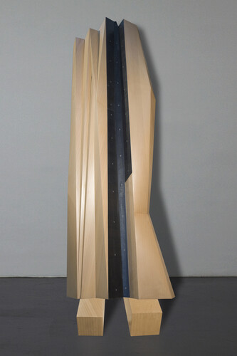 Wang Jianwei, Time Temple 5, 2014, Wood and steel . Three parts: one part, 274 x 83.5 x 23 cm; one part, 35 x 60 x 35 cm; one part, 35 x 60 x 35 cm, dimensions vary with installation. Solomon R. Guggenheim Museum, New York, Acquisition in process, The Robert H. N. Ho Family Foundation Collection. Photo: Xu Boxin, courtesy the artist. Wang Jianwei © 2014 Wang Jianwei, used by permission. 