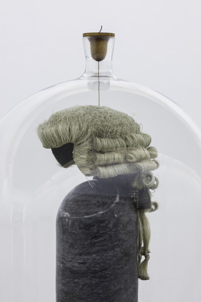 Dorothy Cross, Distil, 2014, barrister’s wig, marble, glass, leather, mahogany, height: 152 cm, diameter: 57.7 cm, height 59.8 in diameter 22.7 in, courtesy of the artist and Kerlin Gallery, Dublin 
