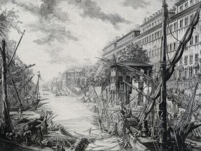 Giovanni Battista Piranesi, Veduta del Porto di Ripa Grande e del Tevere con le imbarcazioni, 1753-1758, acquaforte, Museo di Roma