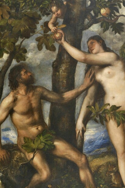 Adán y Eva (La caída del hombre).
Titian, c. 1550. La mítica caída representa el fin de la inocencia biológica: el cuerpo deja de responder a la simple necesidad de la especie para entrar en el terreno de la ley social, la represión del deseo y el ocultamiento de la genitalidad, dinámicas centrales en la estructuración de la psique humana