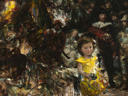 Victor Wang, Girl with Yellow Under Night Watch, close-up, 2023, oil on canvas, 60x96 inches. Courtesy of the artist and Duane Reed Gallery