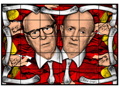 Gilbert & George, Bone Ties, 2022, mixed media, 124.8x177.95 inches, © Gilbert & George. Courtesy the artists and Lehmann Maupin, New York, Hong Kong, Seoul, and London


