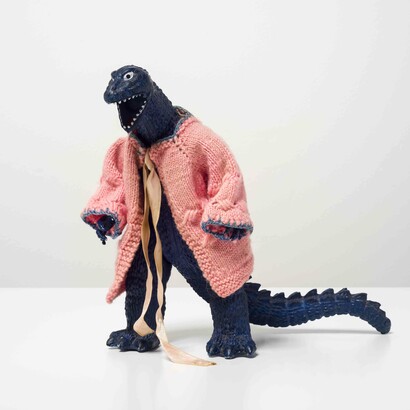 Feliciano Centurión, Familia de Dinosauruis, c.1990, Plastic toy animal with crochet wrap, 15 x 10 x 5 cm. Photo: Eva Herzog, Courtesy of Cecilia Brunson Projects.