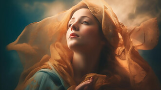AI-generated image of a young adult woman wearing a religious veil, praying outdoors in a scene depicting saintly grace, generosity, and selflessness