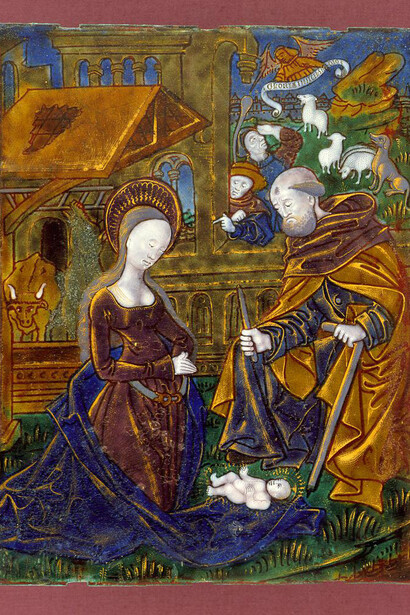 Nativity and Annunciation to the Shepherds, about 1480–1490, French, The Master of the Baltimore and Orléans Triptychs, polychrome enamel and gold on copper. Los Angeles County Museum of Art, William Randolph Hearst Collection. 