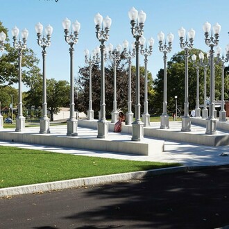 Chris Burden, Light of Reason, 2014. 24 restored cast-iron street lamps. Rose Art Museum Acquisition Fund, Gift of Monroe and Edith Geller and Russian Sale Gift, 2014.3. © Chris Burden. Charles Mayer Photography