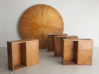 Large dining table in pine designed by Lina Bo Bardi, Marcelo Ferraz and Marcelo Suzuki for the SESC-Pompéia Center, Sao Paulo, Brazil, 1980s. 31" H x 80" D / 78.7cm H x 203.2cm D. Photo: Joe Kramm/R & Company. 