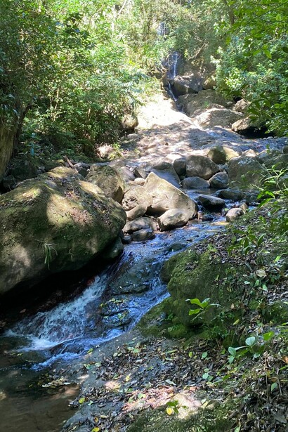 Una familia explora el cráter del Valle de Antón, rodeado de frondosos bosques nublados. El Valle de Antón, Panamá