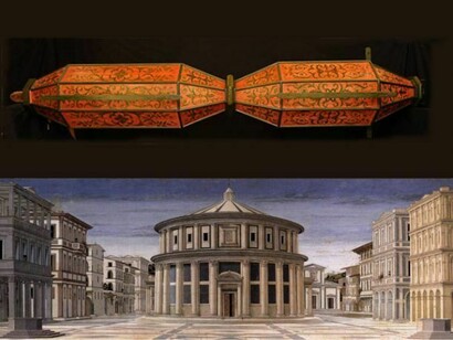 In alto, il Cero di San Giorgio; in basso Urbino, Galleria Nazionale delle Marche, Città ideale (1480-1490).