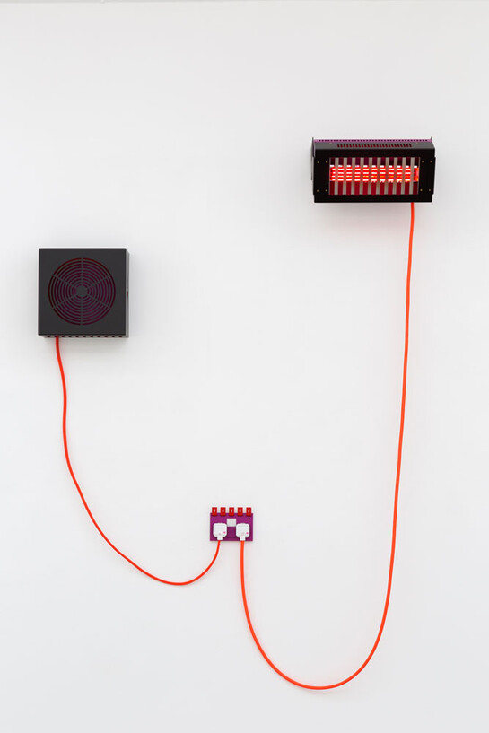 Natalie Dray, Infrared Fuchsia, 2015, Lamp holder, Ruby Jacketed Lamp,Ceramic Connector,1.5mm 3 core butyl flex, M20 Cable Gland, Rugged Plug Top, Powder coated Steel, Stainless steel + universal burning position, 1500W Face-Lift Contactum V1, 2015, 2 Gang Double Switched Socket, Aluminium, Brass, Steel, Powder Coat + 2 pole and thermoset + 25 year guarantee, replaceable, 220-250V Cool Neutral, 2015, 5 Bladed Dynamic Aluminium Fan, Multifit Motor, 3 core 1mm Flex, Rugged Plug Top, Powder Coated Steel + extended life, 1300rpm 10W / 50Hz. Image courtesy the artist and Cell Project Space, London. Photo: Mariell Amélie