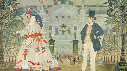 “In Front of the Paris Opera” in “The Strange Tale of the Castaways: A Western Kabuki” by Mokuami Kawatake,1879 © Kyôsai Kawanabe