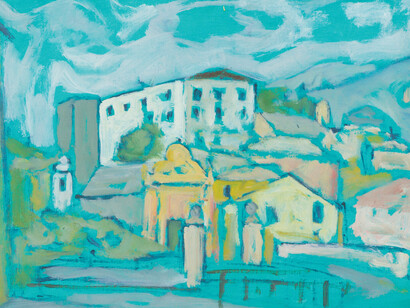 Gonni, "Paesaggio ligure", 1961, tecnica mista su tela applicata su cartone, 58x40,5 cm