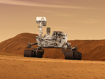 This artist concept features NASA's Mars Science Laboratory Curiosity rover, a mobile robot for investigating Mars' past or present ability to sustain microbial life