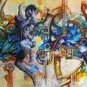 Rigo Peralta, Transcultural (detail, one of three panels), 2015, acrylic on linen. Allentown Art Museum