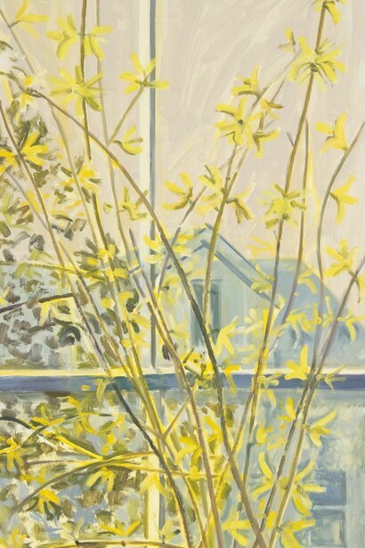 Lois Dodd, Forsythia in Window (detail), 2012, oil on panel, 18 3/4 x 11 inches © Lois Dodd, courtesy Alexandre Gallery, New York