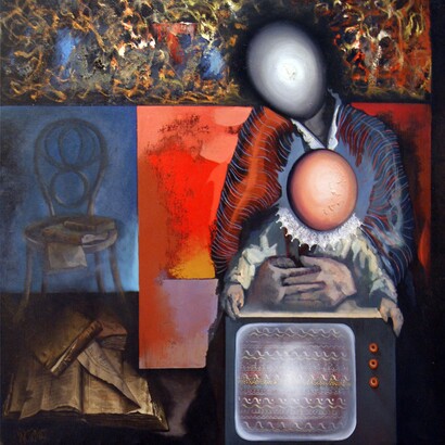 Victorio Rodríguez Gómez. Mentes confusas. 1996. Óleo sobre tela. 100 x 100 cm