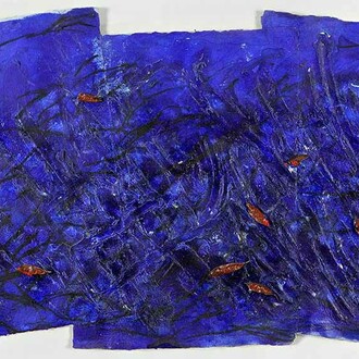 Gastini, Blu, 1983, tecnica mista e carrube su carta, cm. 55x104, foto Fabio Fantini