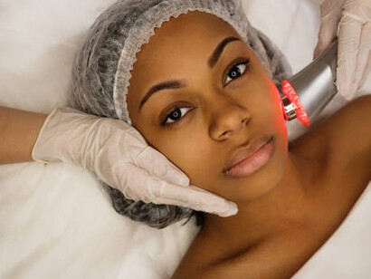 A woman experiencing ultrasound chromotherapy as part of a hardware cosmetology treatment
