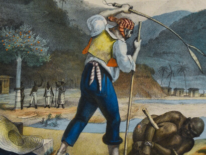 J.B. Debret, “Fabricantes punindo escravos em uma propriedade rural”. (3 vols., Paris, 1834,1835, 1839), Voyage Pittoresque et historique au Bresil. Conrado, Roberto. A Destruição da Escravidão Brasileira 1850-1888. Londres, Inglaterra: University of California Press, Ltd, 1972. Fotografia Trabalho próprio