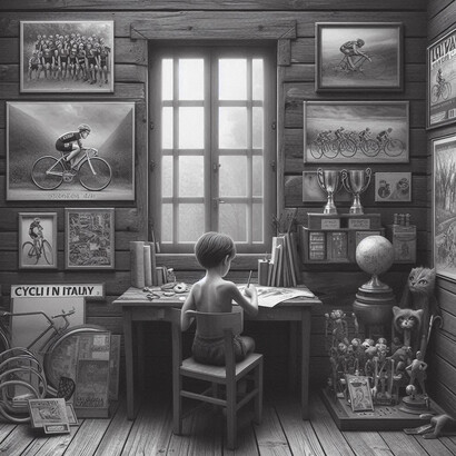 Alberto de niño en su cuarto, rodeado de decoración y objetos deportivos