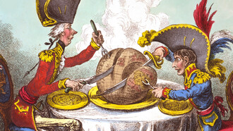 William Pitt, wearing a regimental uniform and hat, sitting at a table with Napoleon. They are each carving a large plum pudding on which is a map of the world by James Gillray