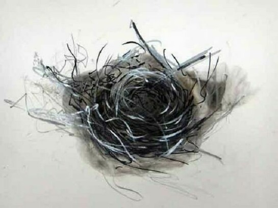 Wayne Zebzda, Nest 1 , 2010, 14 x 14 in, Carbon Smoke, Ink, graphite on Paper