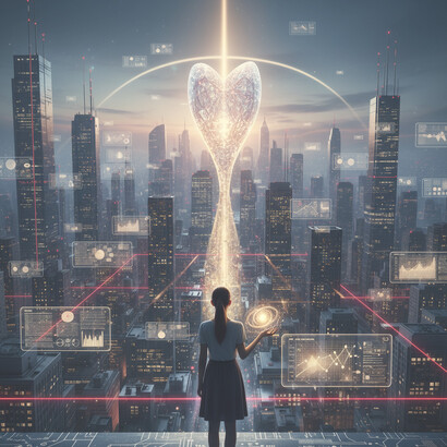 A lone human navigating a machine-dominated world, set against a quiet dystopia of reflective cityscapes and cold futuristic landscapes