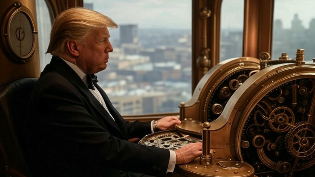 A rendition of President Donald Trump with an art-deco-styled machine