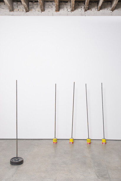 Will Boone, mic stand I-V, 2015, coffee cans, concrete, rebar, steel, dimensions variable, Image courtesy of the artist and Simon Preston Gallery