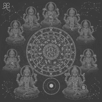 Bathed in a rich, bottle-green hue that deepens its ancient aura, the scene centers on a majestic, intricately detailed astrological chart. This focal point is surrounded by ethereal depictions of revered Hindu deities, each radiating an unmistakable aura of divine wisdom