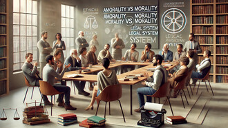 A diverse group of individuals engages in a thoughtful philosophical debate, exploring the complexities of morality and the legal system in a modern setting