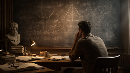 A quiet moment of reflection where mathematics and philosophy converge—logic, doubt, and reasoning unfolding in a solitary search for understandin