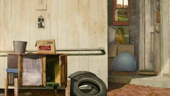 Gregory Gillespie, (detail) Back Entrance: Williamsburg, Massachusetts, 1972, oil and Magna on wood, 54 x 84 inches