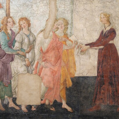 Sandro Botticelli, Venere e le tre Grazie offrono doni a una giovane, 1486 c. Affresco. Louvre, Parigi, Francia