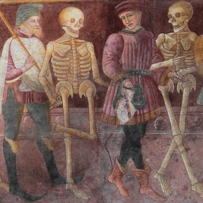 Danza macabra di Giacomo Borlone de Buschis sull'esterno dell'Oratorio dei Disciplini, 1485. Clausone, Italia