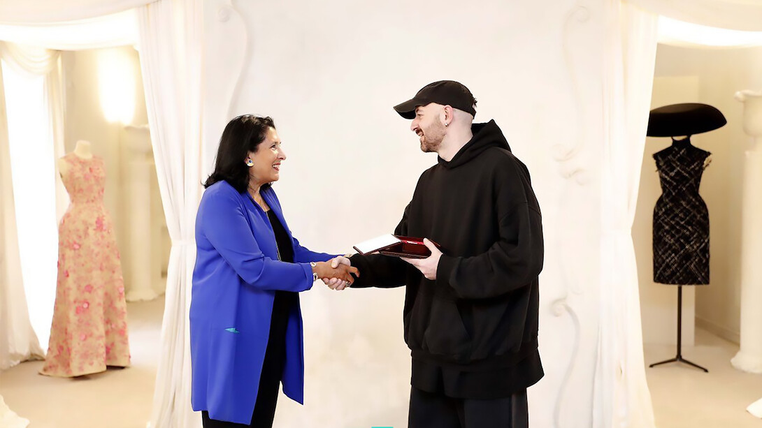 Georgian President Salome Zourabichvili awarding designer Demna Gvasalia, 2021