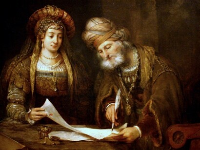 «En Mesopotamia: Purim. Esther y Mordecai escriben las cartas a los judíos» (1675), Aert de Gelder