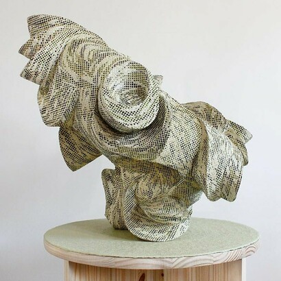 Austin Ballard, Descendant (Laurel with Widow and Oyster under Perennial), 2024,
Cane webbing, epoxy clay, and textile dye, 23 x 28 x 17 inches. Courtesy of the artist and McKenzie Fine Art