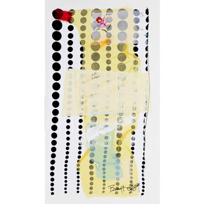 Rick Begneaud, Manuscript, 2009, Collage and acrylic on canvas, mounted to panel, Framed: 40 x 23 x 3.5 inches; 101.6 x 58.4 x 8.9 cm. Signed lower right, Signed, titled, dated on verso. Courtesy Woodward Gallery, NYC
