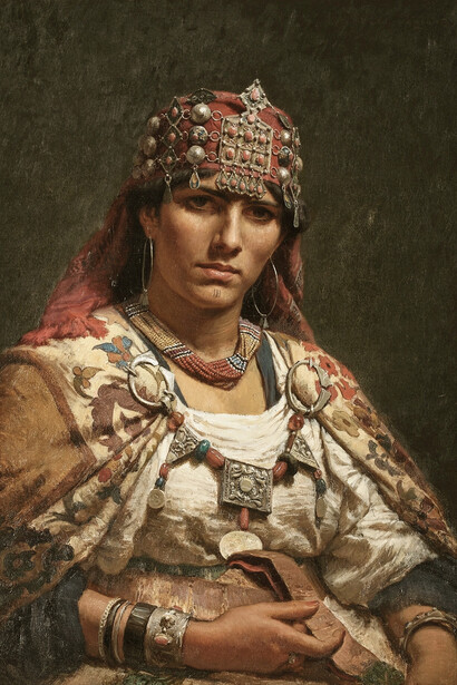 A Kabyle Beauty, Algeria — a portrait by Frederick Arthur Bridgman capturing a woman from the Kabyle region in traditional Amazigh dress
