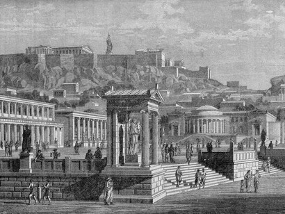 Atenas antigua: El mercado, reconstrucción incluida en "La ilustración popular" (Josef Bühlmann, 1897)