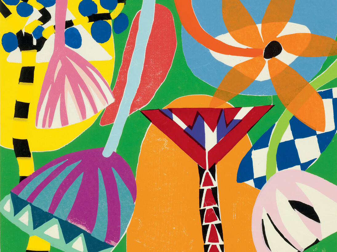 Gillian Ayres, Tivoli, 2011, Woodcut on Unryn-shi Japanese paper, paper 93.0 x 107.2cm, Framed size: 113.6 x 99.3 cm,
Edition of 30, Courtesy of Gillian Ayres and Alan Cristea Gallery, London