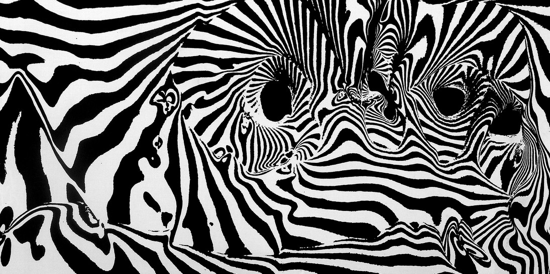 Franco Grignani , "Plurisconnessione del centro - Fenomeno di sdoppiamenti", 1956, sperimentale ottico di distorsione su tela emulsionata, 115x151,5 cm