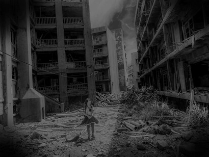 A young girl walks among the ruins of what used to be her neighborhood as war has entered and damaged her world