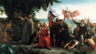 Primer Desembarco de Cristóbal Colón en América. Pintado por Dioscoro Teófilo Puebla Tolin en 1862. Ayuntamiento de La Coruña, España