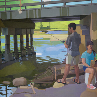 Tim Kennedy, Fishing Couple, 2022. Oil on linen, 96” x 76”. Courtesy of Grunwald Gallery. Photo Credit: Kevin Mooney