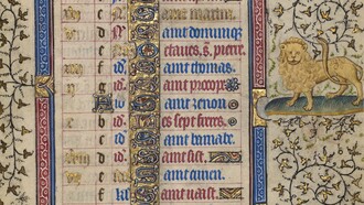 "Pagina del calendario di luglio; Raccolta del grano; Leone",1410 circa. Seguace del Maestro Egerton (francese, olandese, attivo dal 1405 al 1420 circa). Dal "Libro delle Ore", conservato al Getty Museum, Los Angeles, USA