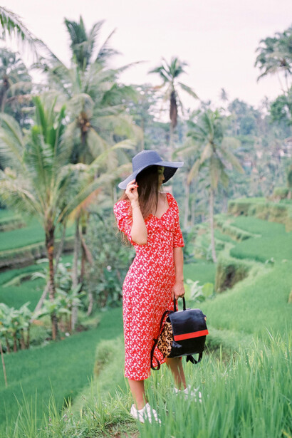 A woman strolling through a tropical forest in Ubud, Bali, Indonesia, with her hands raised