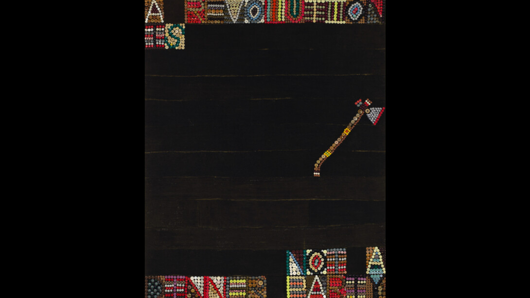 Jeff Perrone, A Revolution Is Not a Dinner Party, 2021, buttons, thread and mud cloth on canvas,
60x48 inches, Jamie M. Stukenberg Photography. Courtesy of Corbett vs. Dempsey