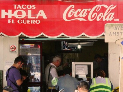 Front view of Tacos Hola El Güero, a legendary taco stand in Mexico City